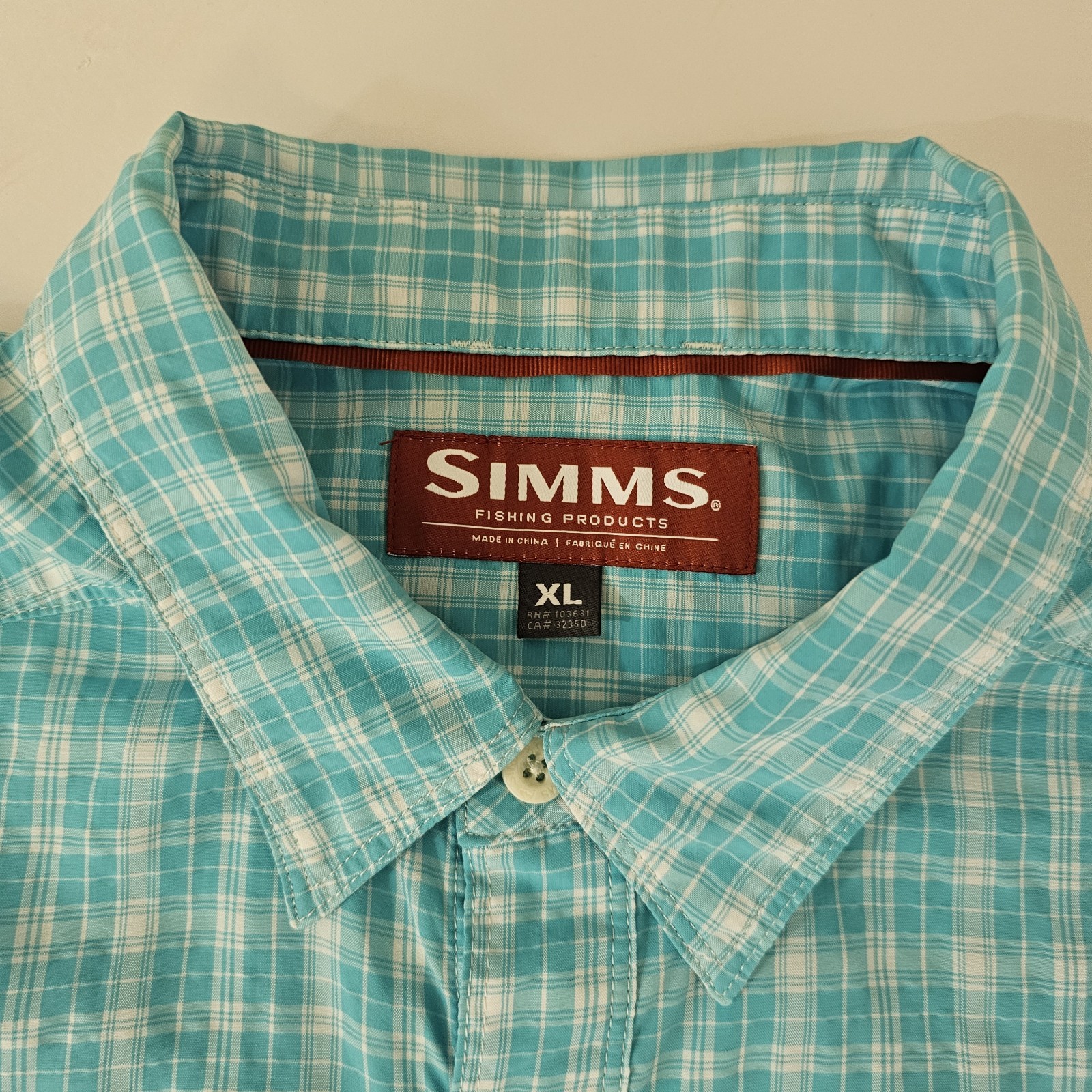 Simms Nylon Poly Seersucker Fishing Shirt Men’s Aqua Blue Plaid Lightweight XL