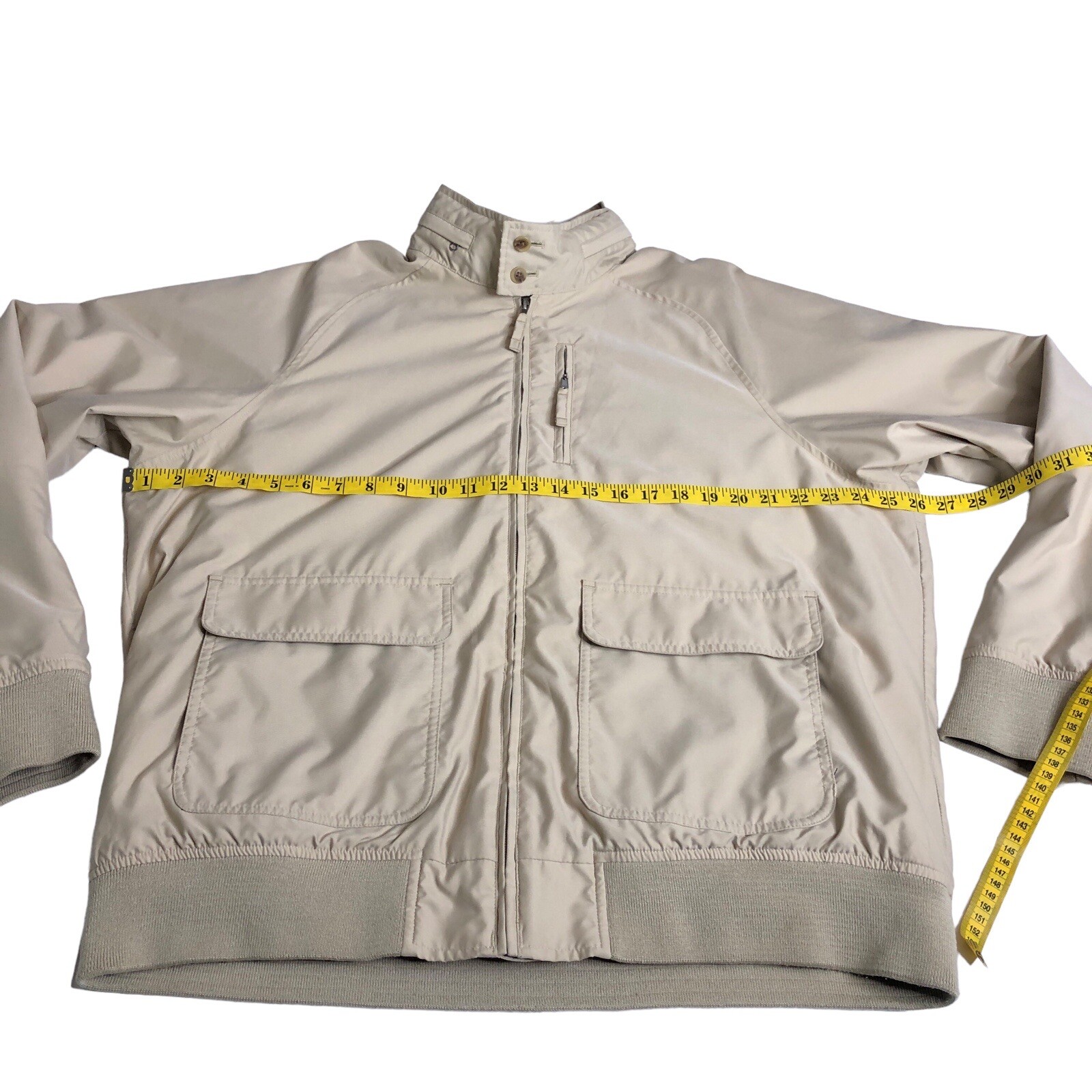 Lands End Bomber Jacket Mens LT Large Tall Tan Khaki Hideaway Hood Utility Chore