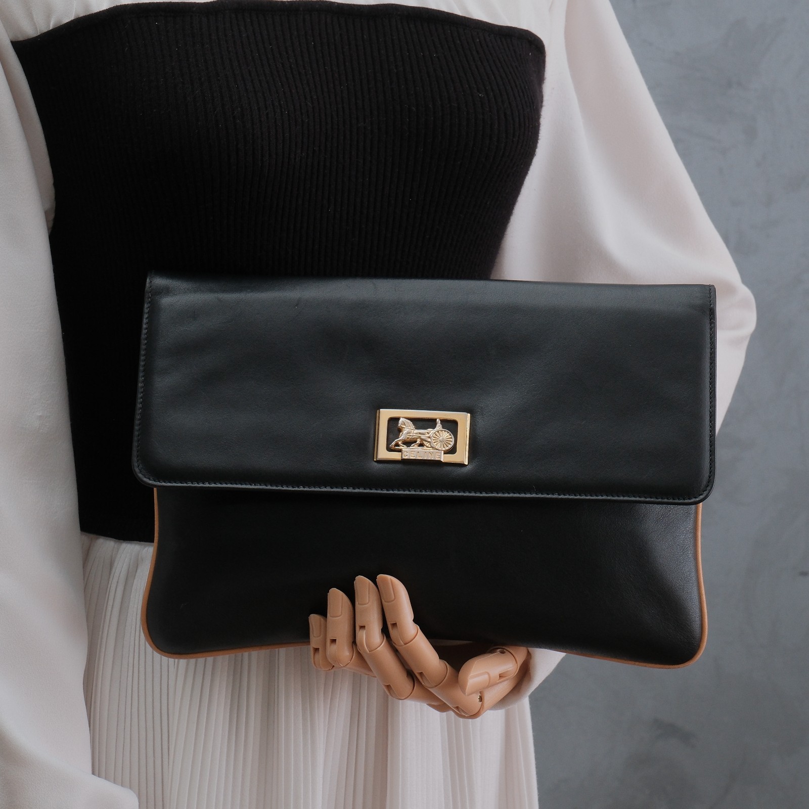 CELINE Clutch Hand bag Purse Horse Carriage Black