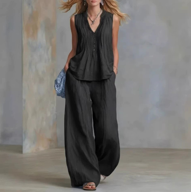 Womens 2 Piece Lounge Set V Neck Sleeveless Top Wide Leg Pants Casual Outfits