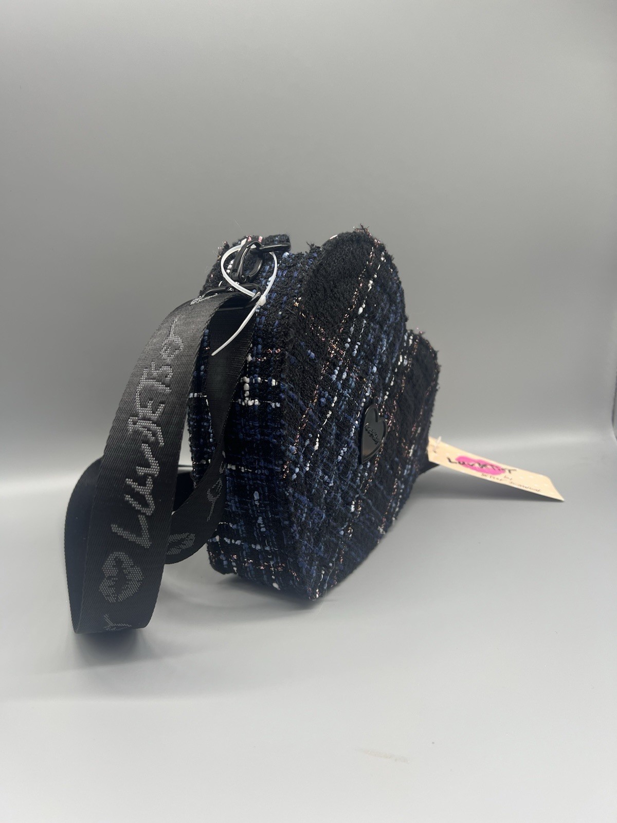 Luv Betsey by Betsey Johnson Heart Plaid Tweed Crossbody Bag Black Multi NEW