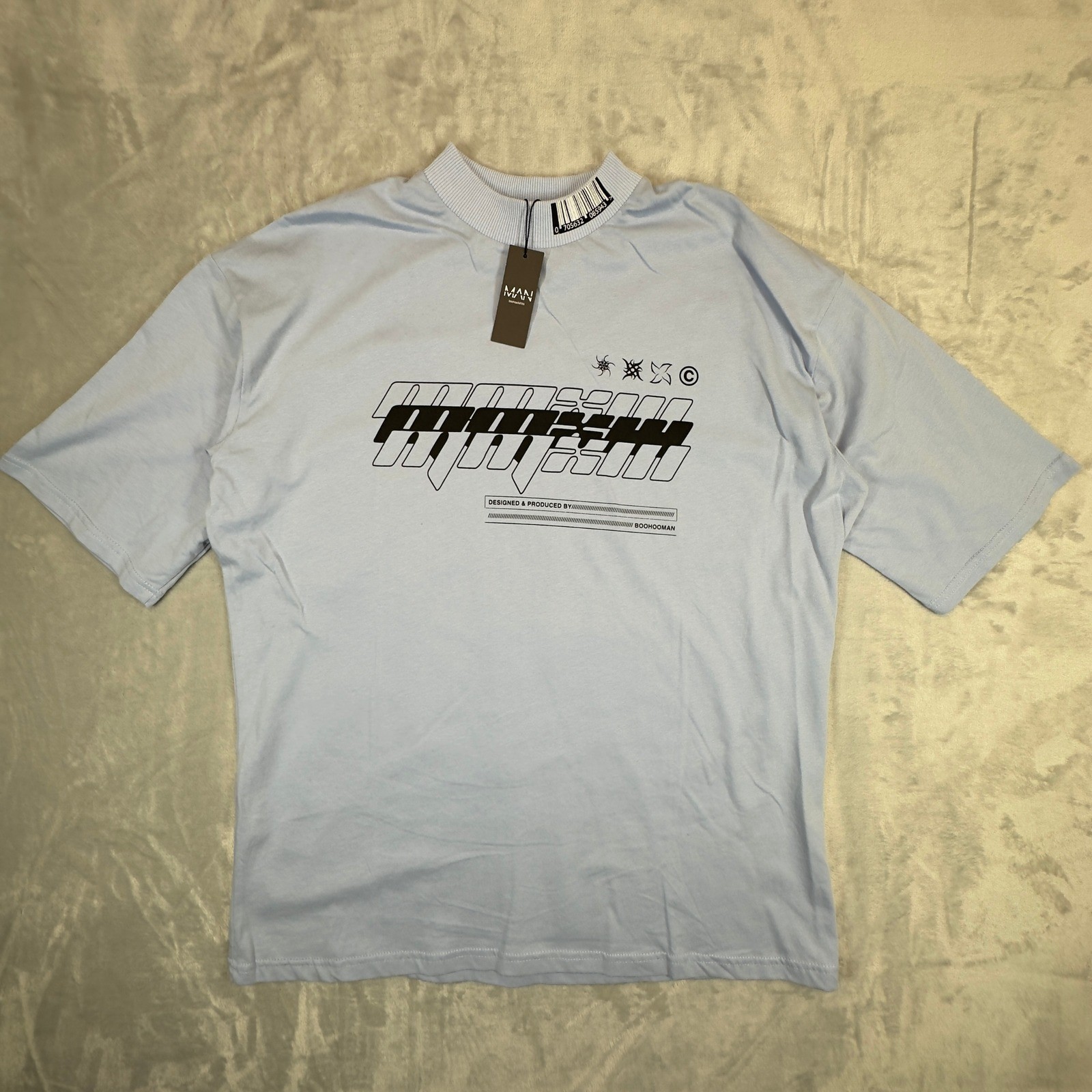 boohooMAN Oversized Photographic Print T-shirt Small Dusty Blue Cotton New