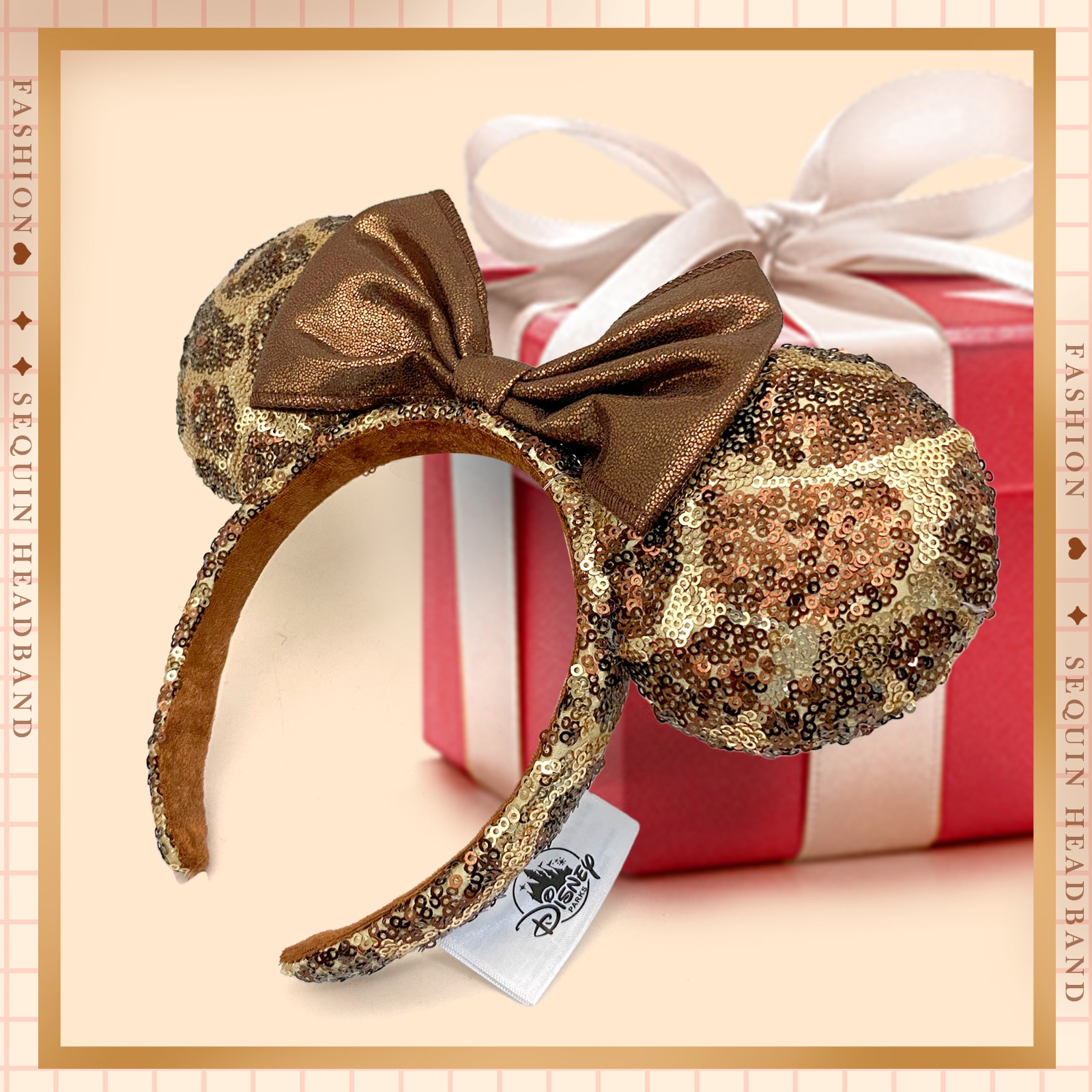 Disney` Animal Kingdom Parks Headband Minnie Mickey Ears Giraffe Print Spangle