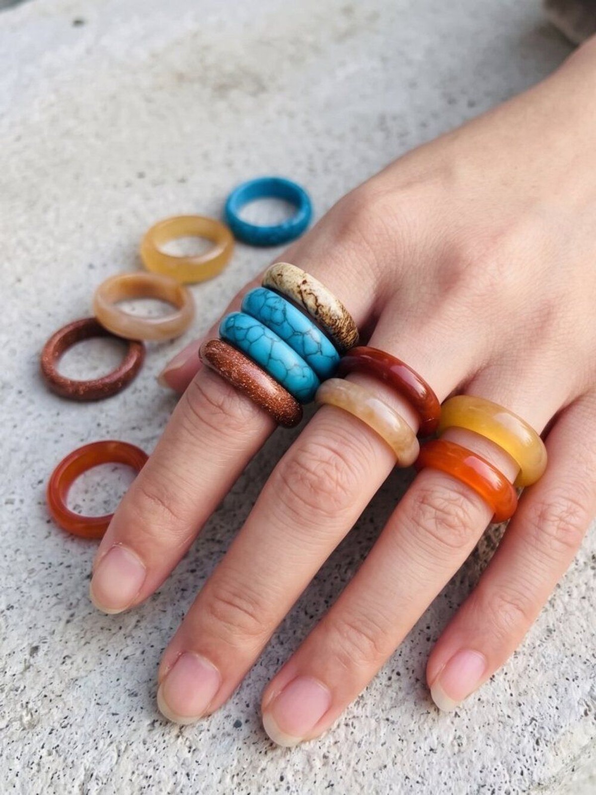 Stone Band Rings Lot of 7 Turquoise Agate Resin Stackable