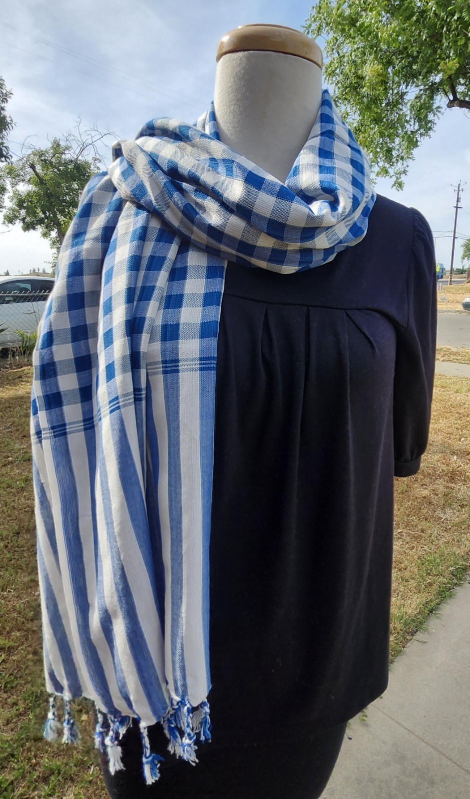 Krama 100% Cotton Handmade Khmer Ocean Blue/White Scarf 64 x 25 Inches