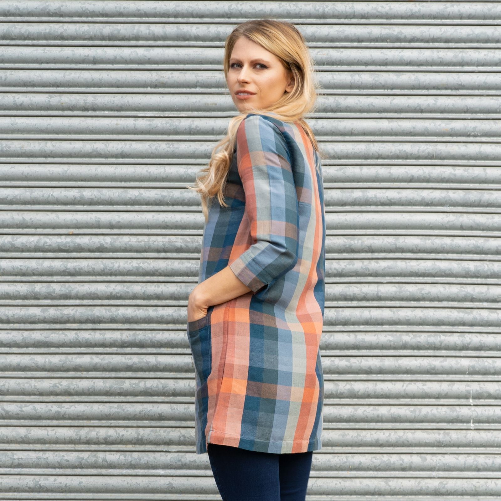 Seasalt Tunic Womens Knee Length Blue Grey Orange Sleeve Cotton Linen Size 10 8