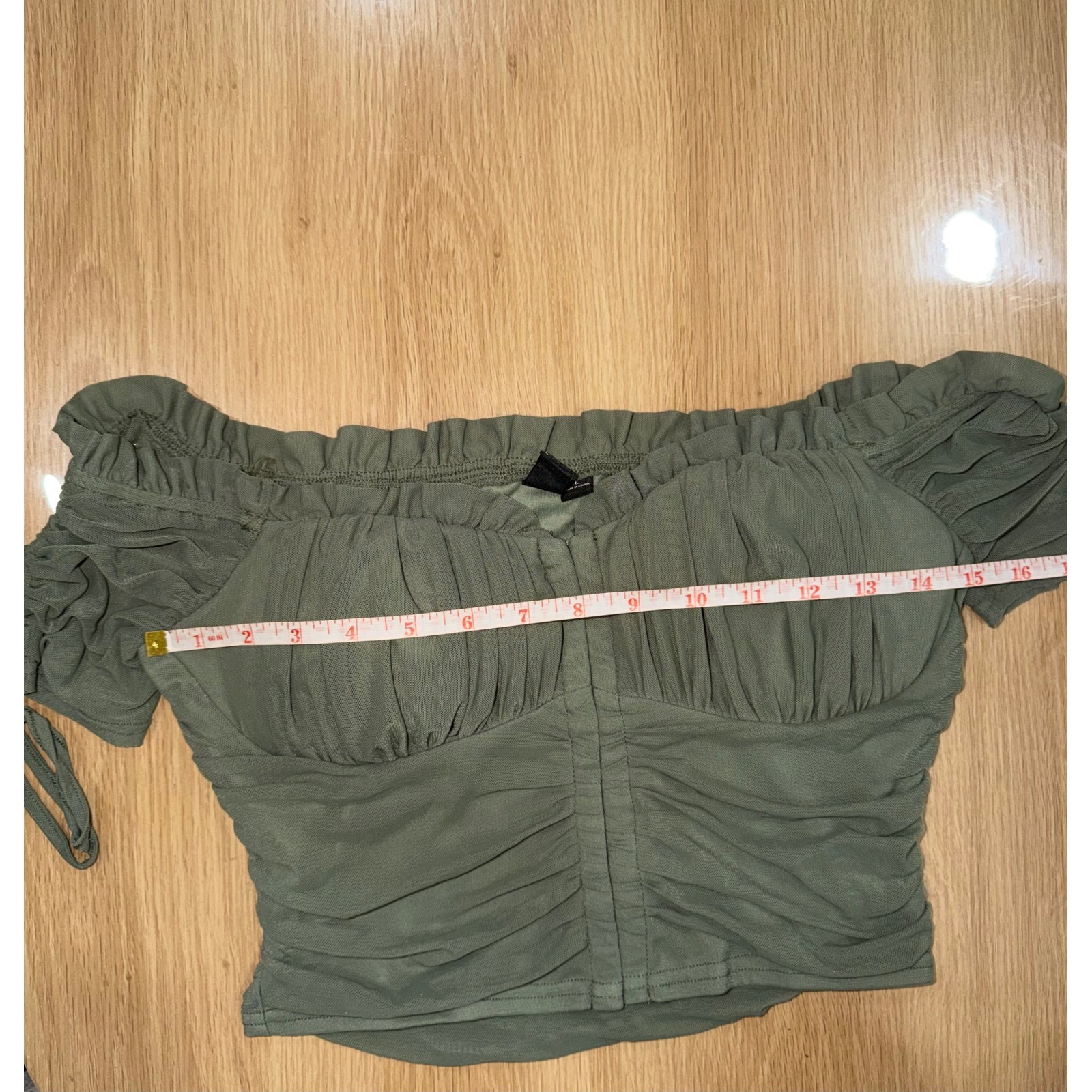 Windsor Sage Green Mesh Ruched Off Shoulder Crop Top