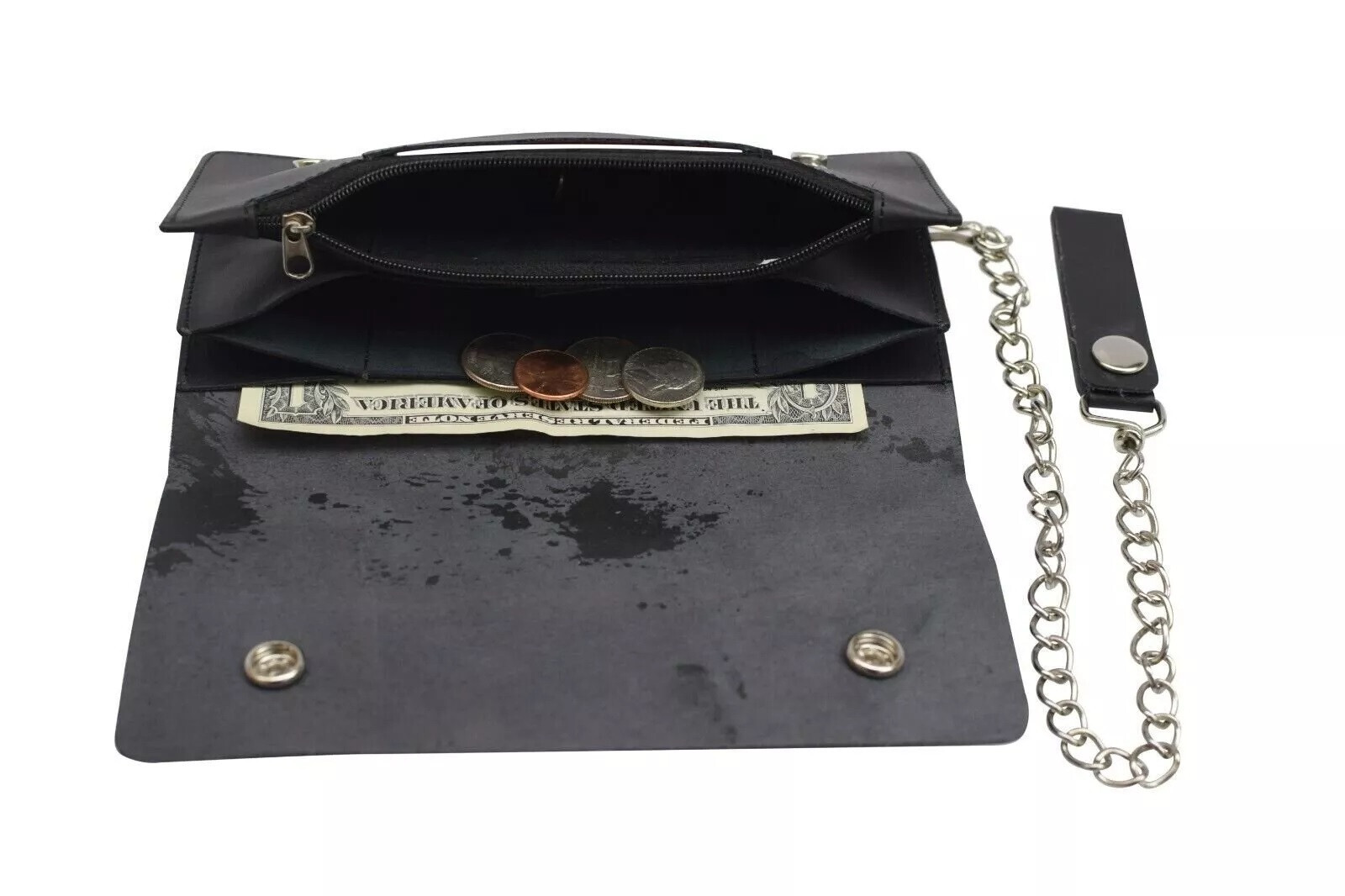 Leather Men Motorcycle Trucker Biker Chain Wallet With Inside Zipper, Black