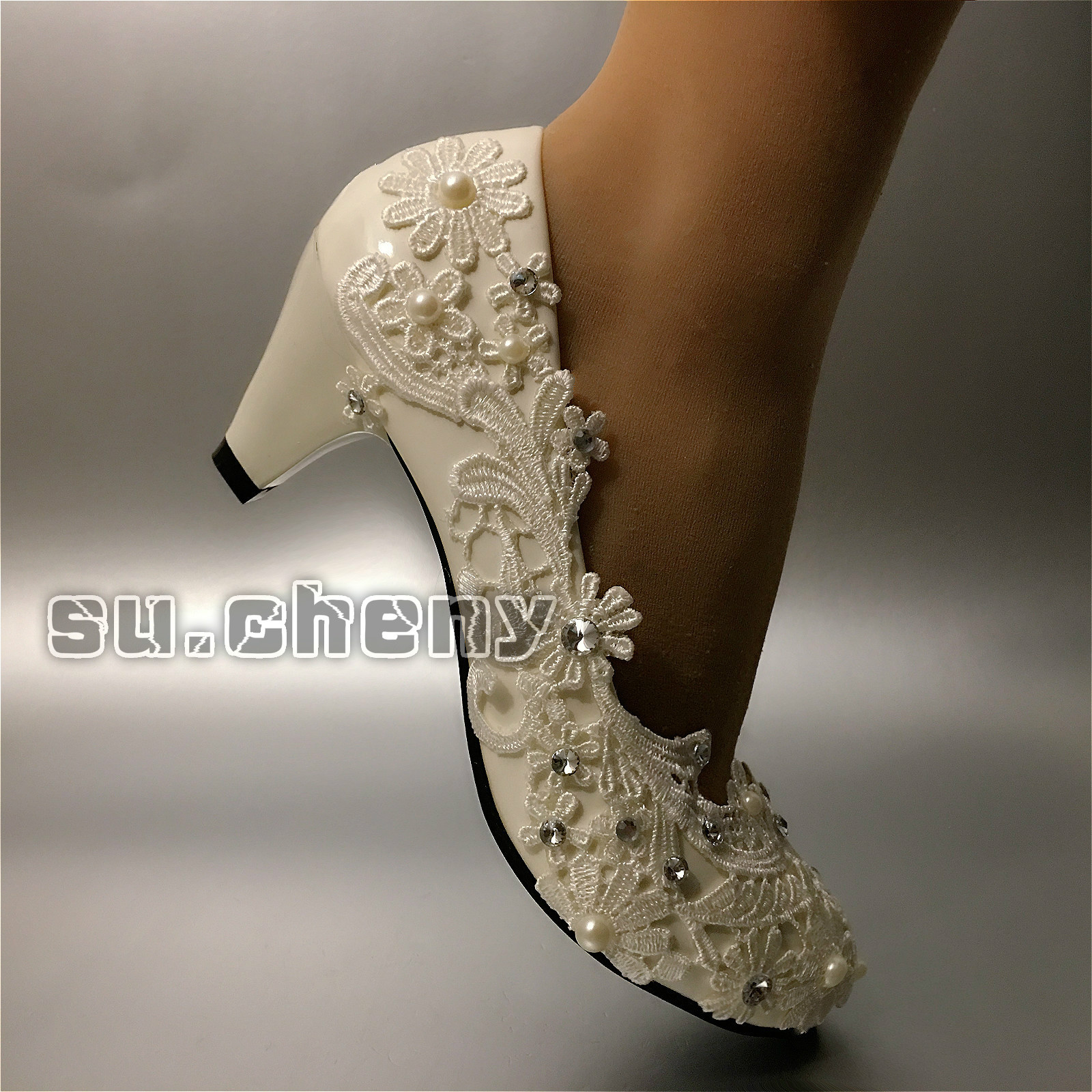 su.cheny Lace white ivory crystal flats wedge heels pump Wedding Bridal shoes