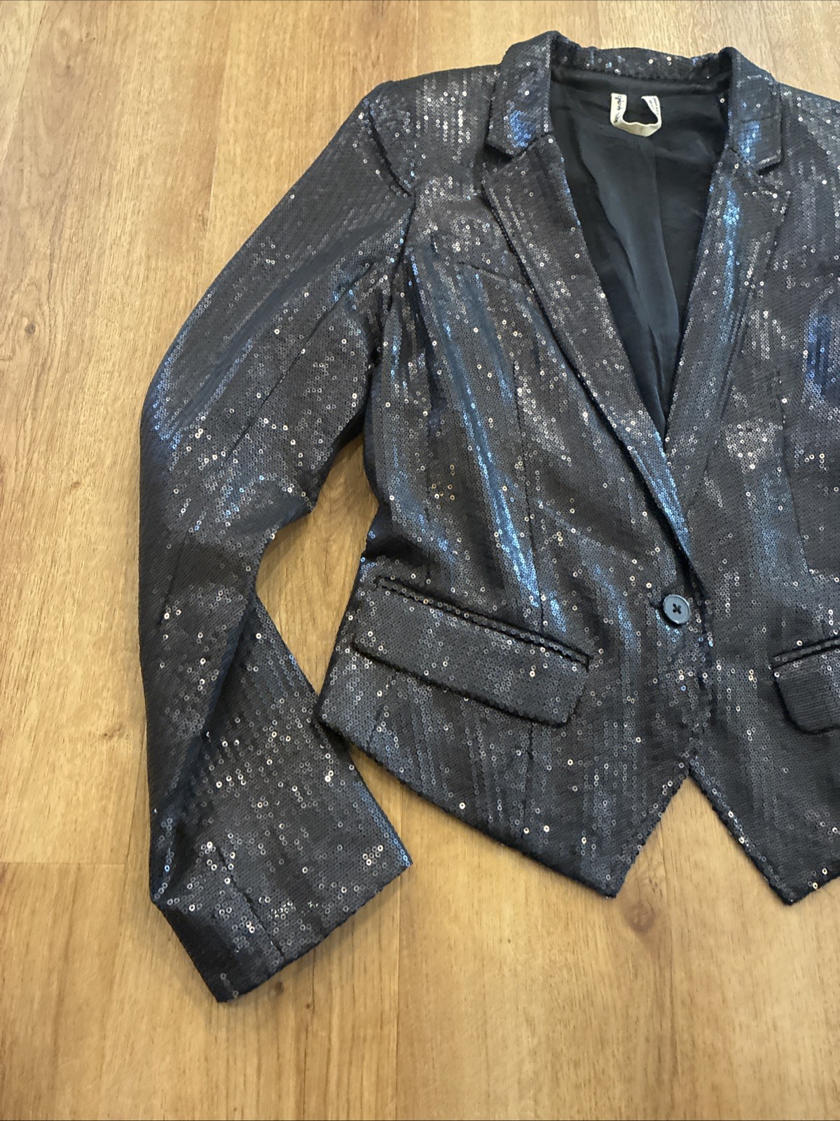 Free People Size 4 Black Sequin Notched Lapel One button Tailored Blazer