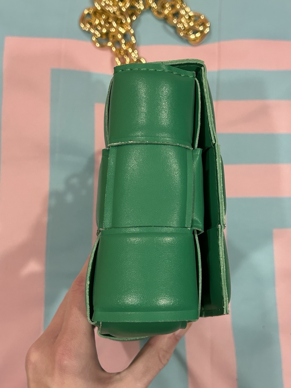 Funky Green Puffy Woven Rectangle Crossbody Purse Bag with Chain Strap