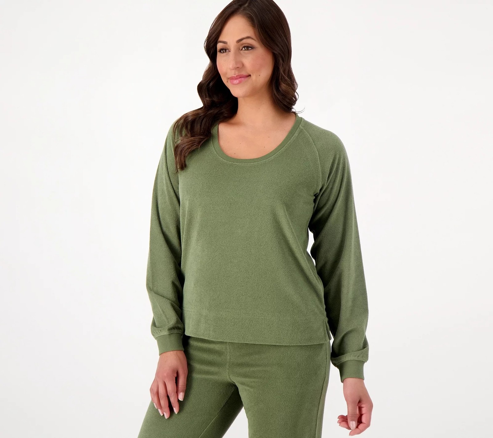 Encore by Idina Menzel Relaxed Terry Raglan Sweatshirt Vintage Olive XS New