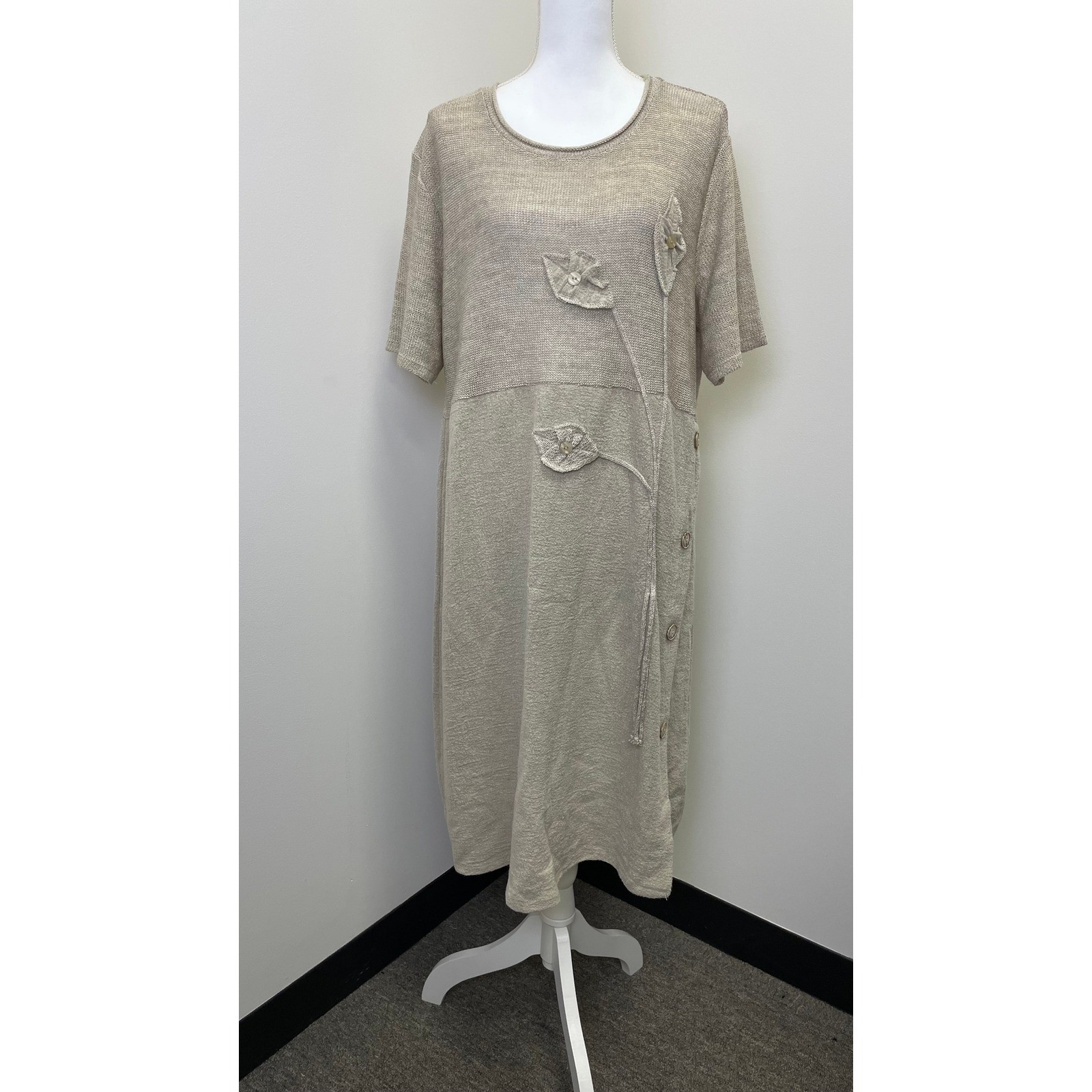 NWT Anetpol Linen Blend Knit Midi Dress Beige Floral Leaf XXXL Lagenlook
