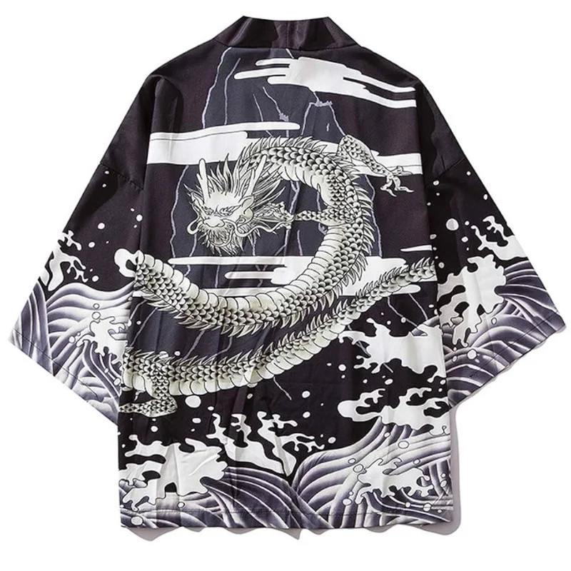 Japanese Kimono Cardigan Jacket Anime Dragon Print Haori Yukata Open Front Top
