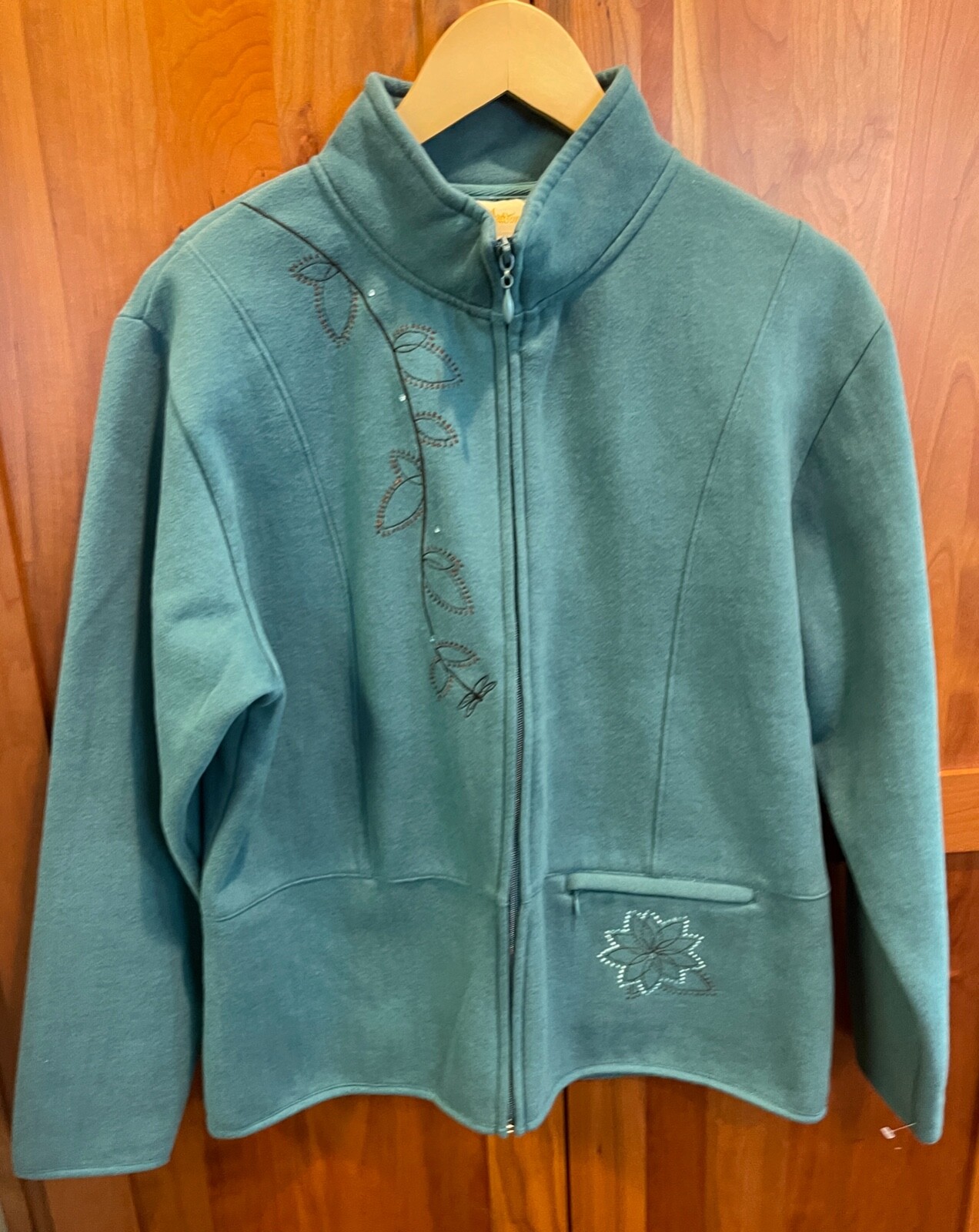 NWT Artisians Dragonfly Embroidered Rhinestones Teal Zip Fleece Jacket Women’s L