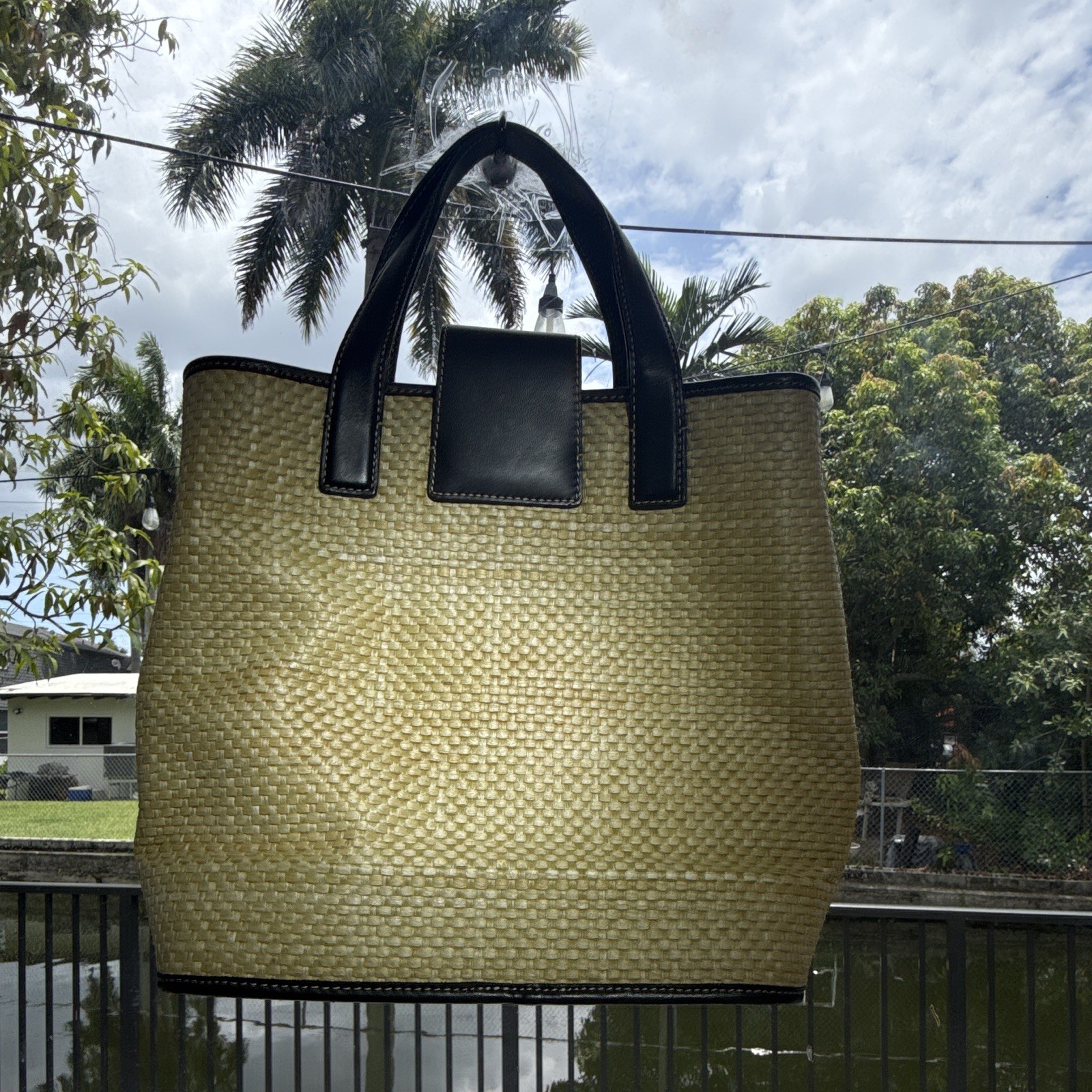Coach Woven Beige Black Tote Bag Turn Lock Zip Double Handles Inner Pockets