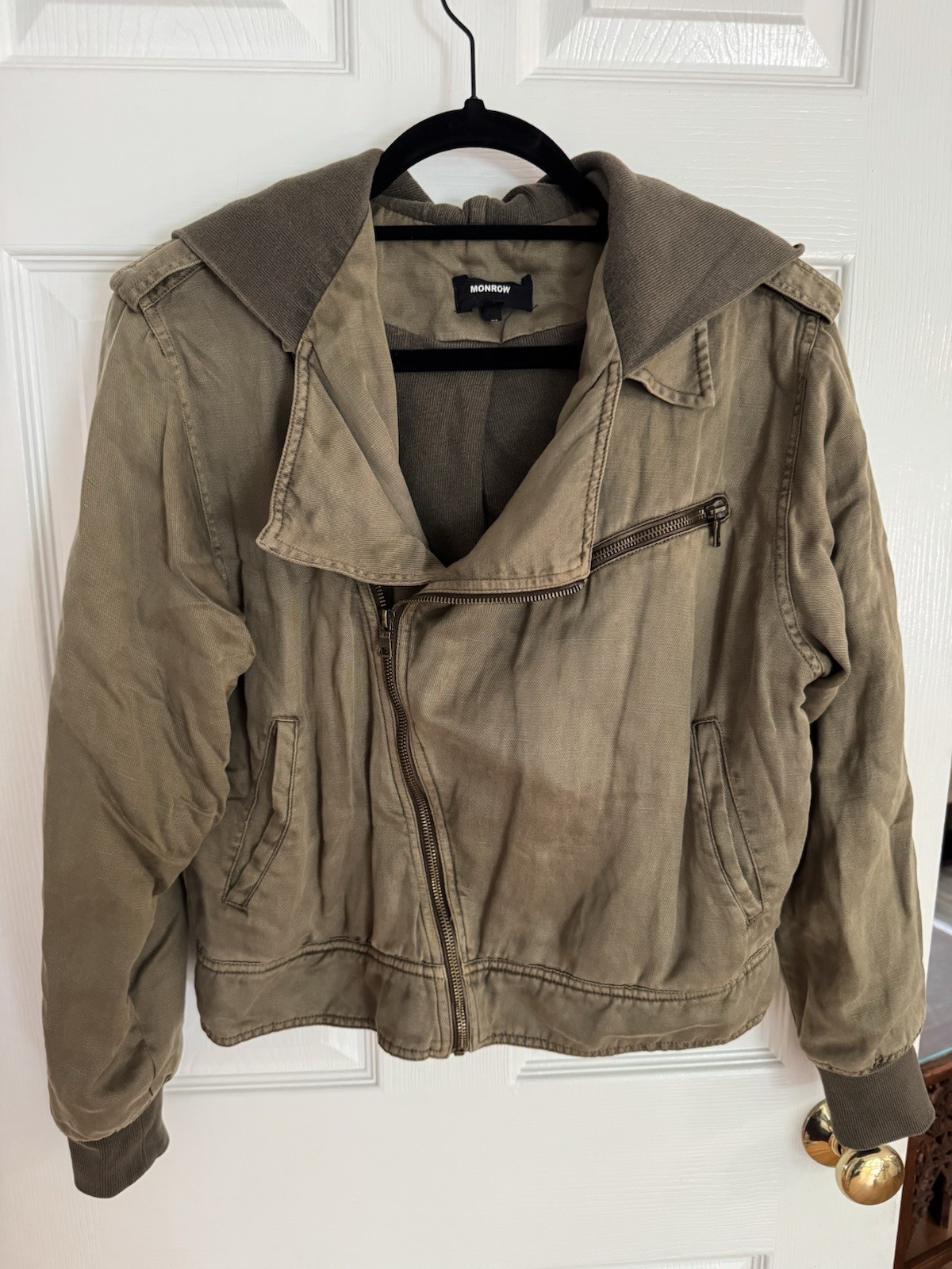 Monroe Olive Hooded Motojacket Lined Ribbed Cuff Women’s Size S
