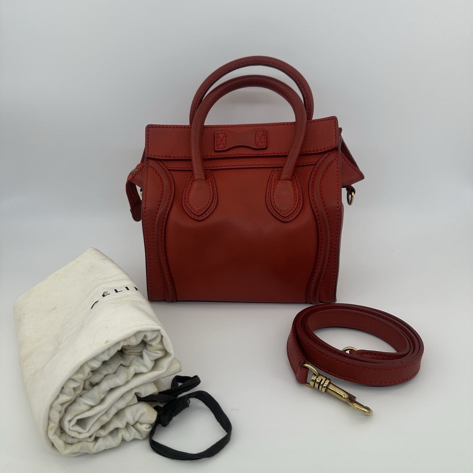 Celine Nano Luggage Top Handle & Crossbody Bag Red calfskin.