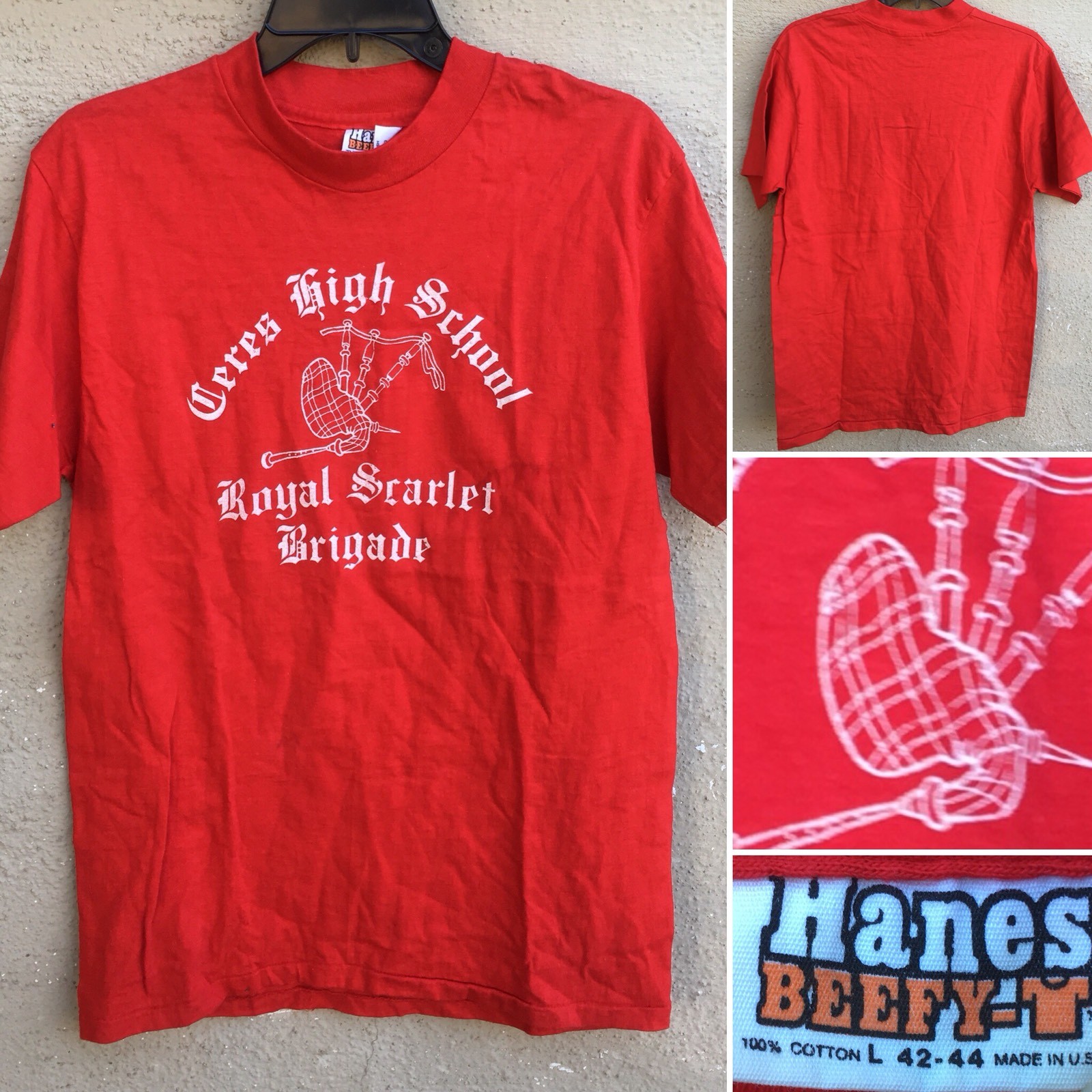 Vintage Ceres High School Royal Scarlet Brgade T Shirt Bagpipes 80s 1980s Size L