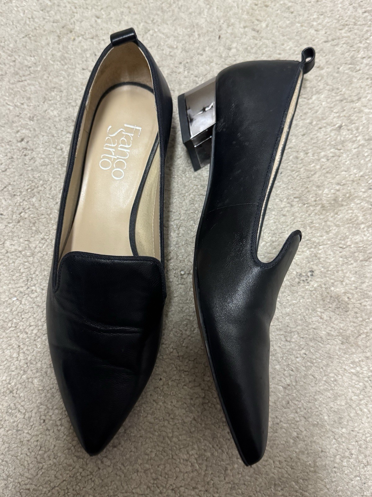 Franco Sarto Black Leather Pointed-Toe Flats w/ Metallic Heel – Women’s Size 6.5
