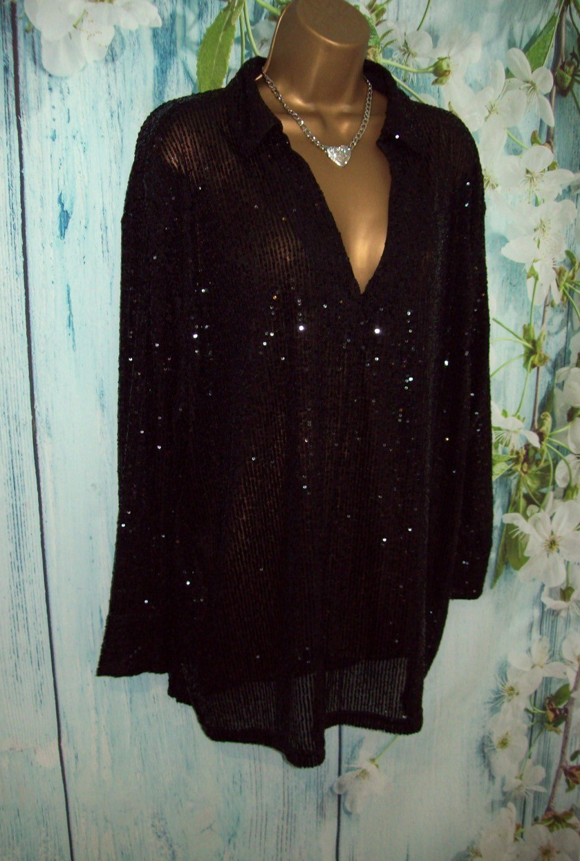 New F&F Black Sequin Shirt Top UK 12 Oversized 12/14 Stretch Party Occasion