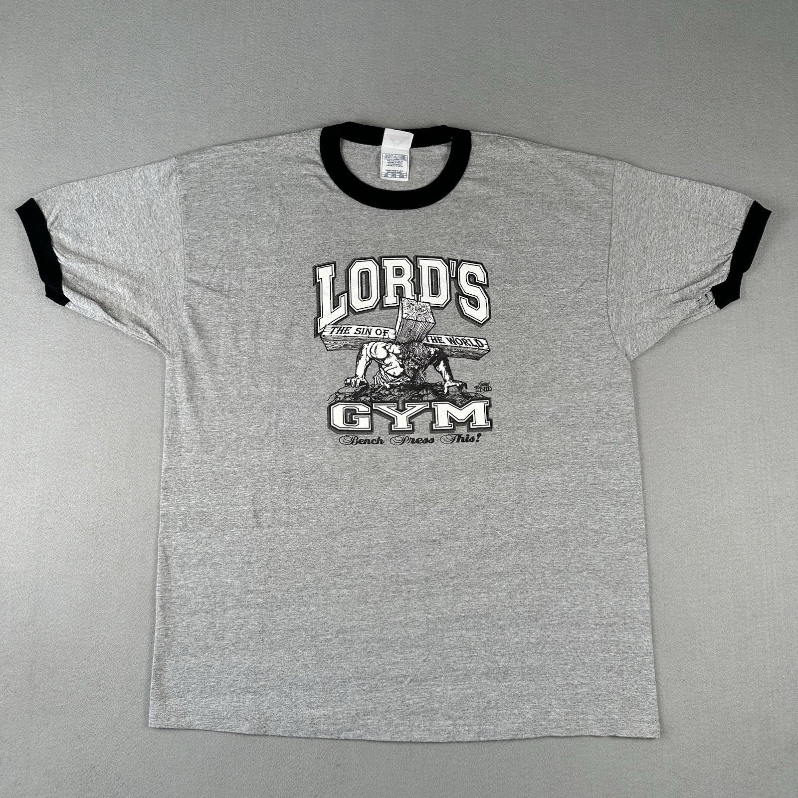 Vintage Lords Gym Shirt Men’s 2XL Gray Ringer Double Sided Workout Bodybuilding