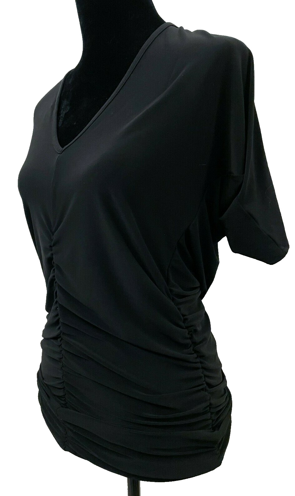Cache Womens Cold Shoulder Rouched Blouse Small Black Knit Gold Metal Accents