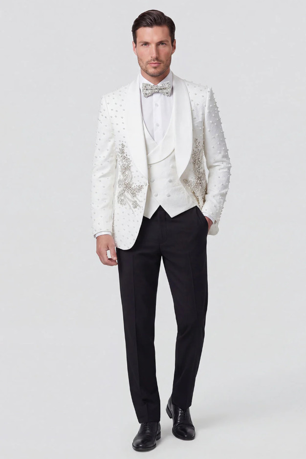 Luxury Beading Pearls Men’s Suits White Coat Shawl Lapel Jacket 3Pcs Regular Fit