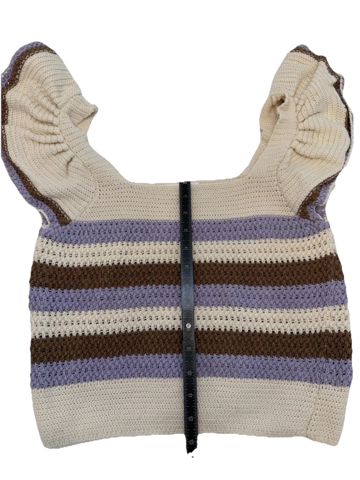 MNG Mango Beige Striped Knit Ruffle Flutter Sleeve Square Neck Cropped Top S