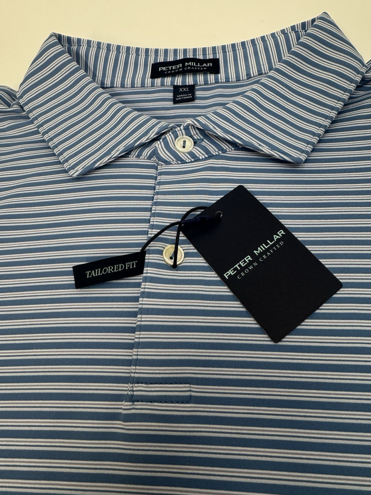 NWT Peter Millar BOWEN Triple Triple Stripe Jersey Golf Polo Shirt Blue XXL $115