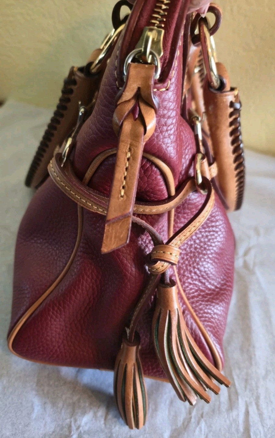 Dooney & Bourke Red Satchel Top Handle Zip Tassel Gold Hardware Bottom Studs