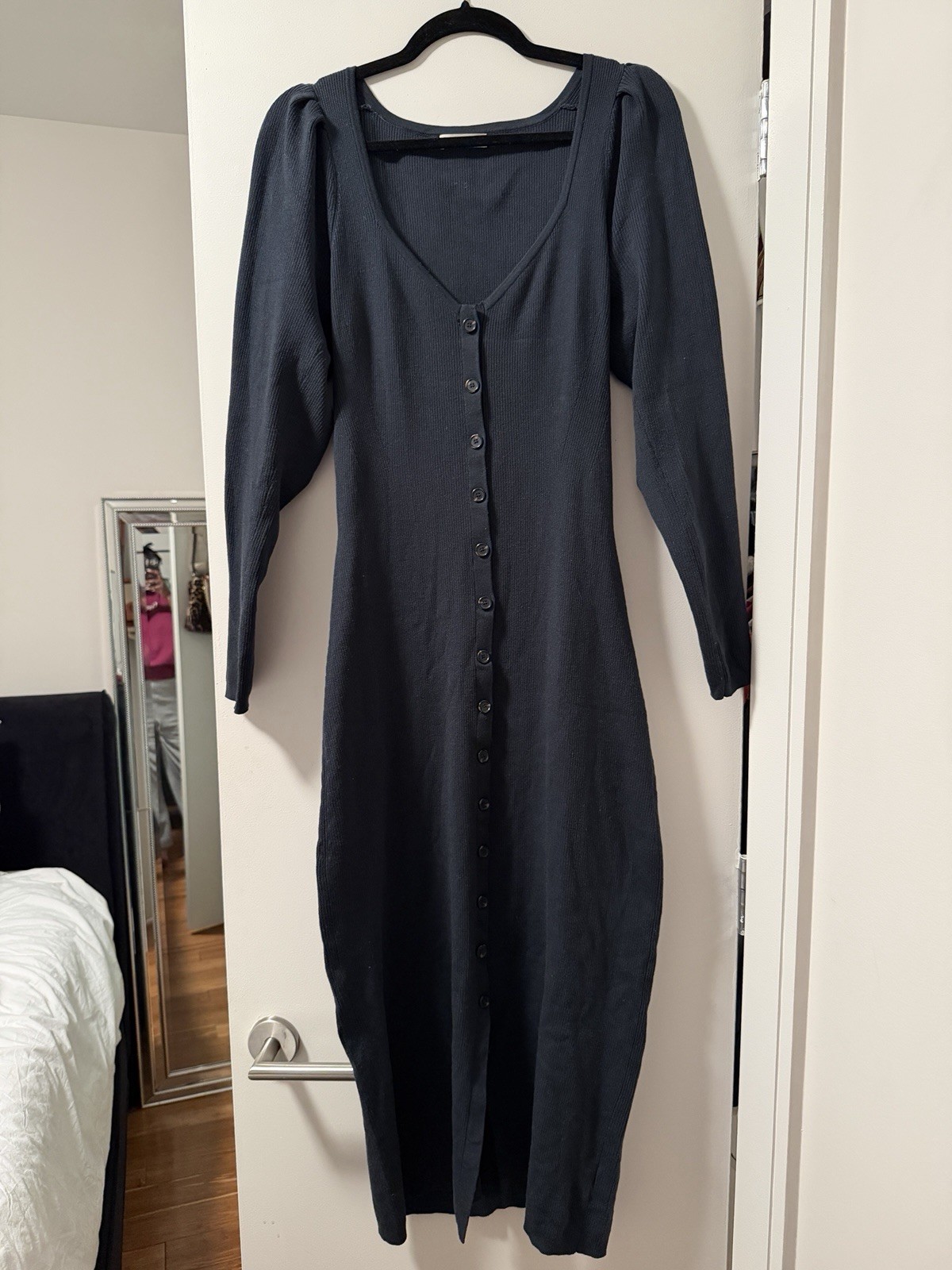Ulla Johnson Morgan Dress Navy 100% Wool Size Large Long Sleeve Midi