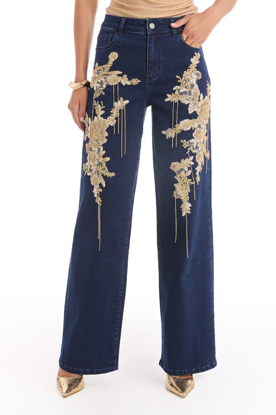 Rocco Gold Embellished Wide-Leg Jean Indigo THE NOLI SHOP