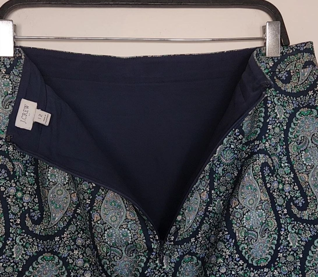 J Crew Pencil Skirt Paisley, Size 12, Cotton, Navy Teal Green +, Orig. ~$90!