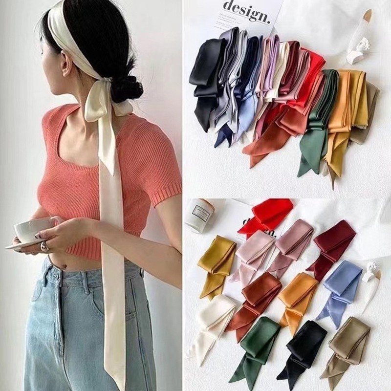 5x200cm Satin Silk Narrow Scarf Neckerchief Solid Neck Scarves Long Silk Thin