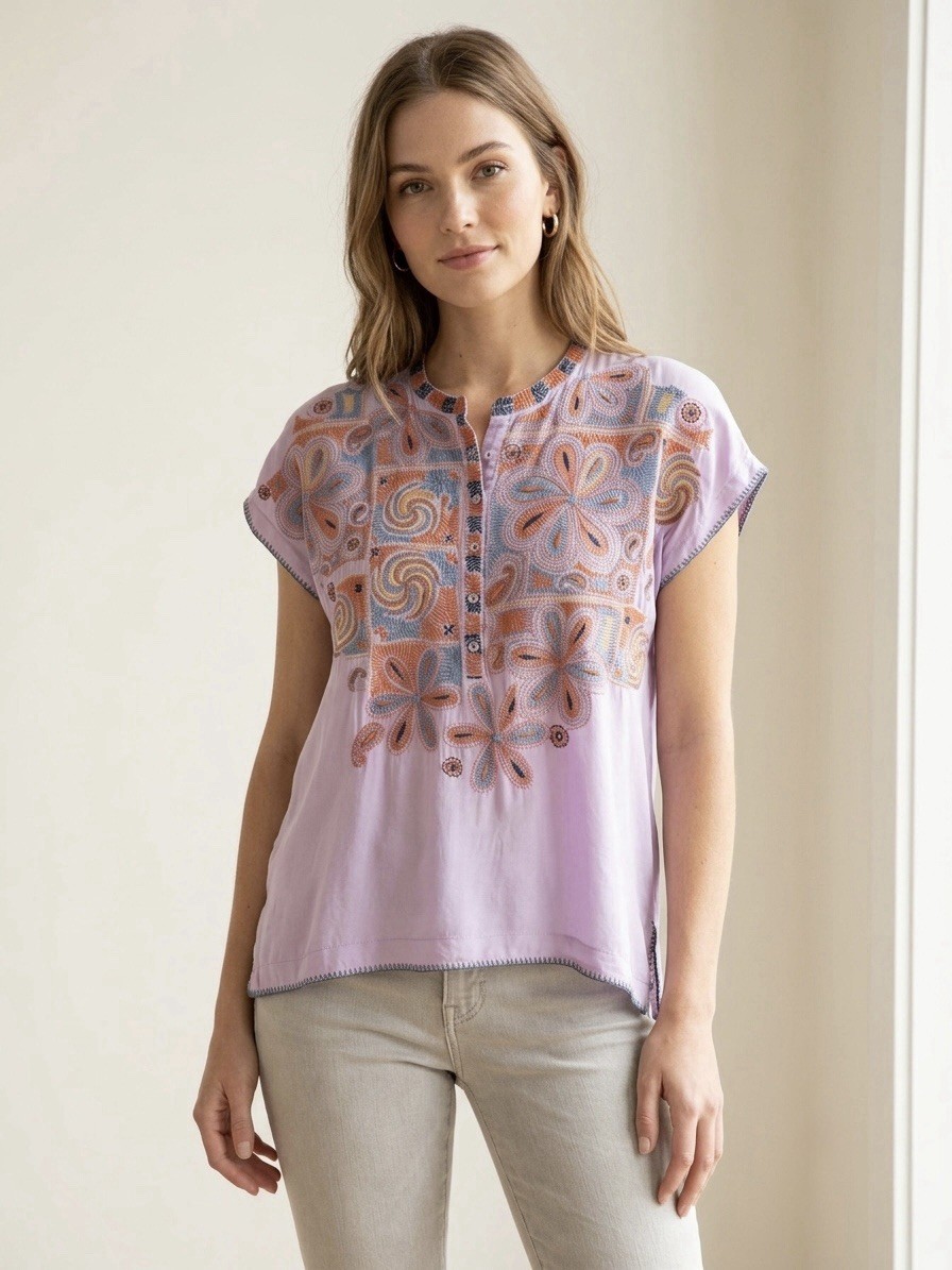 Johnny Was Biya Silk Embroidered Boho Blouse Lavender Purple Floral Henley L