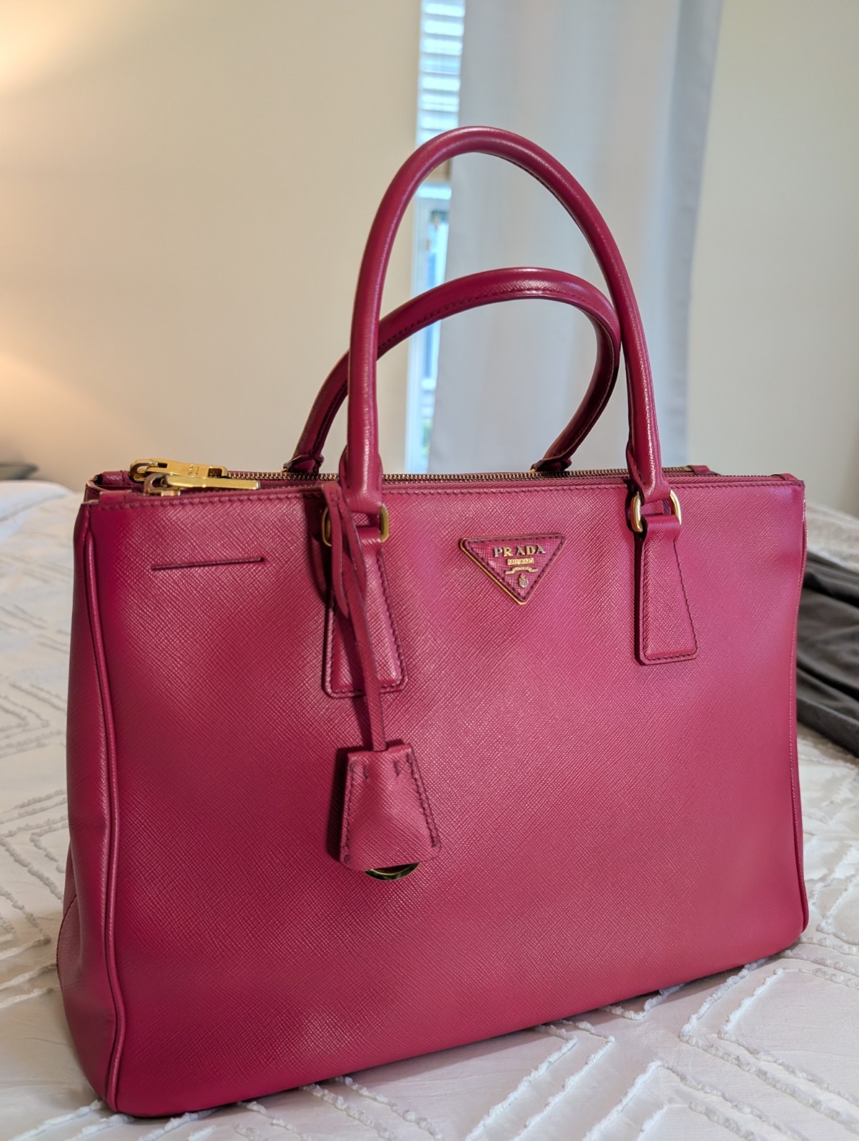 PRADA Pink Top Handle Satchel Gold Hardware Logo Key Holder Bottom Studs