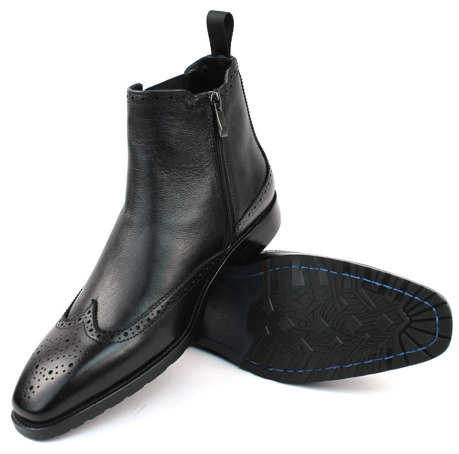 Men’s Exclusive Genuine Leather Black Wing Tip Chelsea Boots With Zipper AZAR