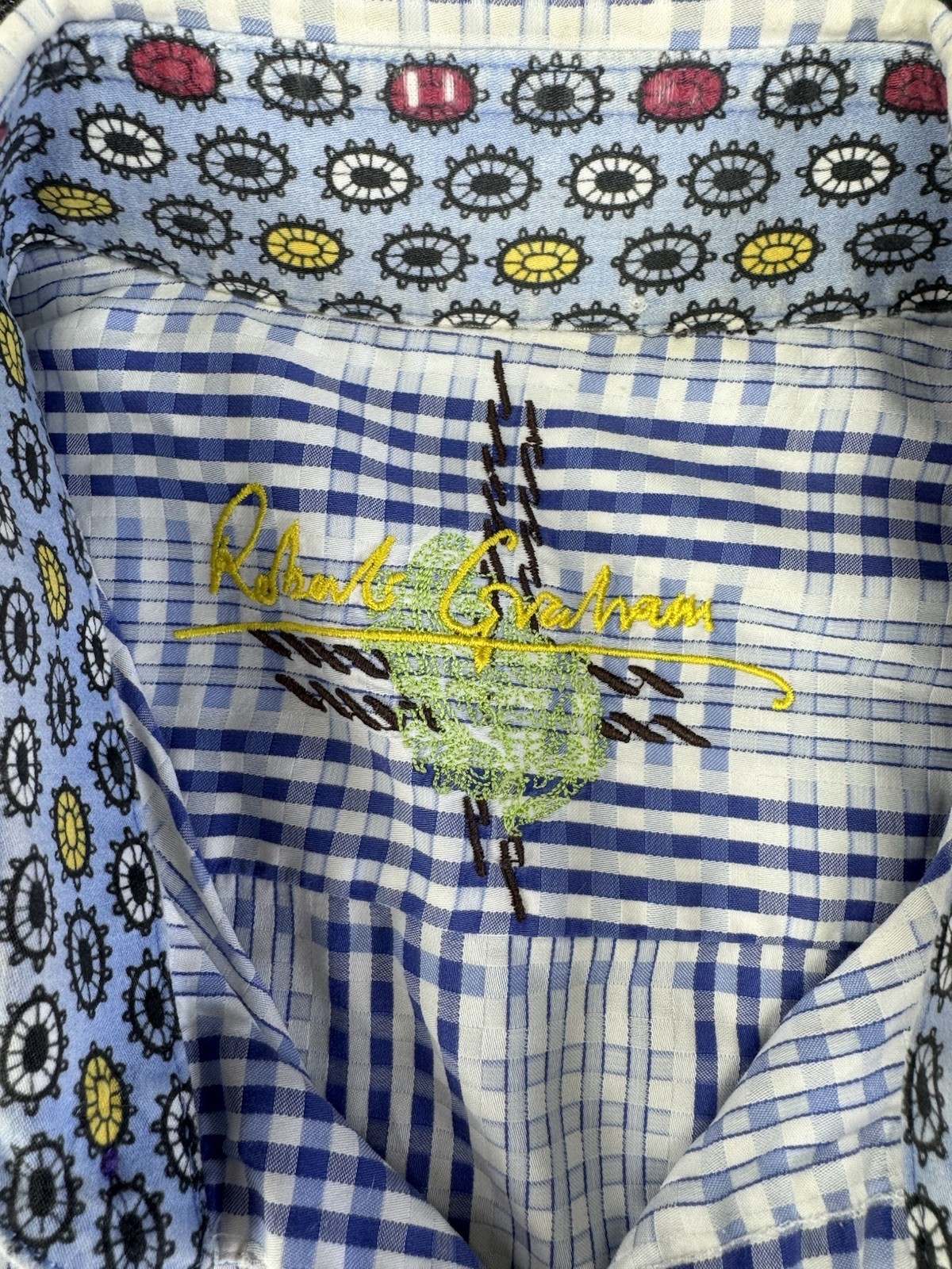 Robert Graham Geo Check Long Sleeve Shirt Blue White Pattern Size Large