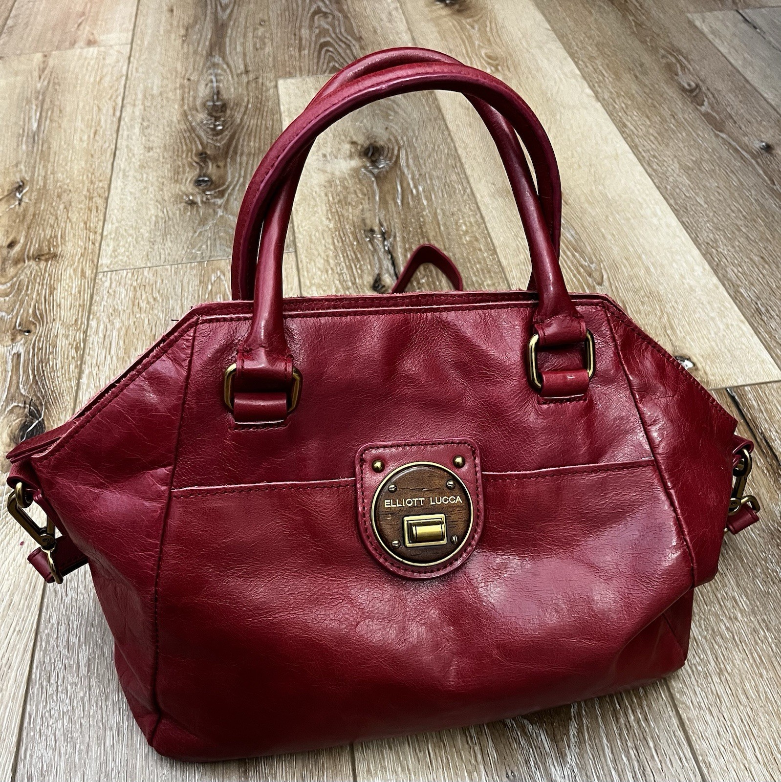Elliott Lucca Red Large Satchel Gold Hardware Turn Lock Detachable Strap