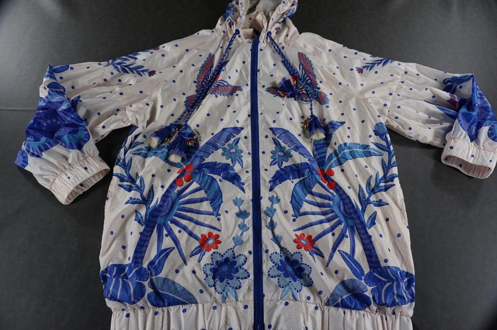Farm Rio Jacket Womens Medium Blue Tropical Bird Print Floral Hooded Windbreaker