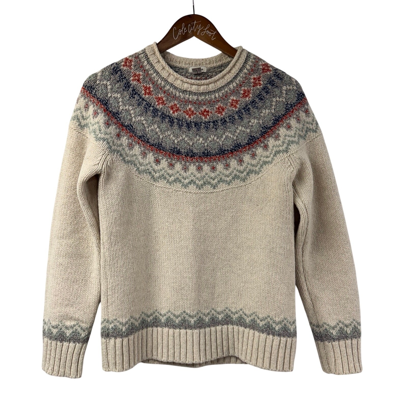 L.L. Bean Faire Isle Sweater 100% Lambswool Cream Knit Nordic XS