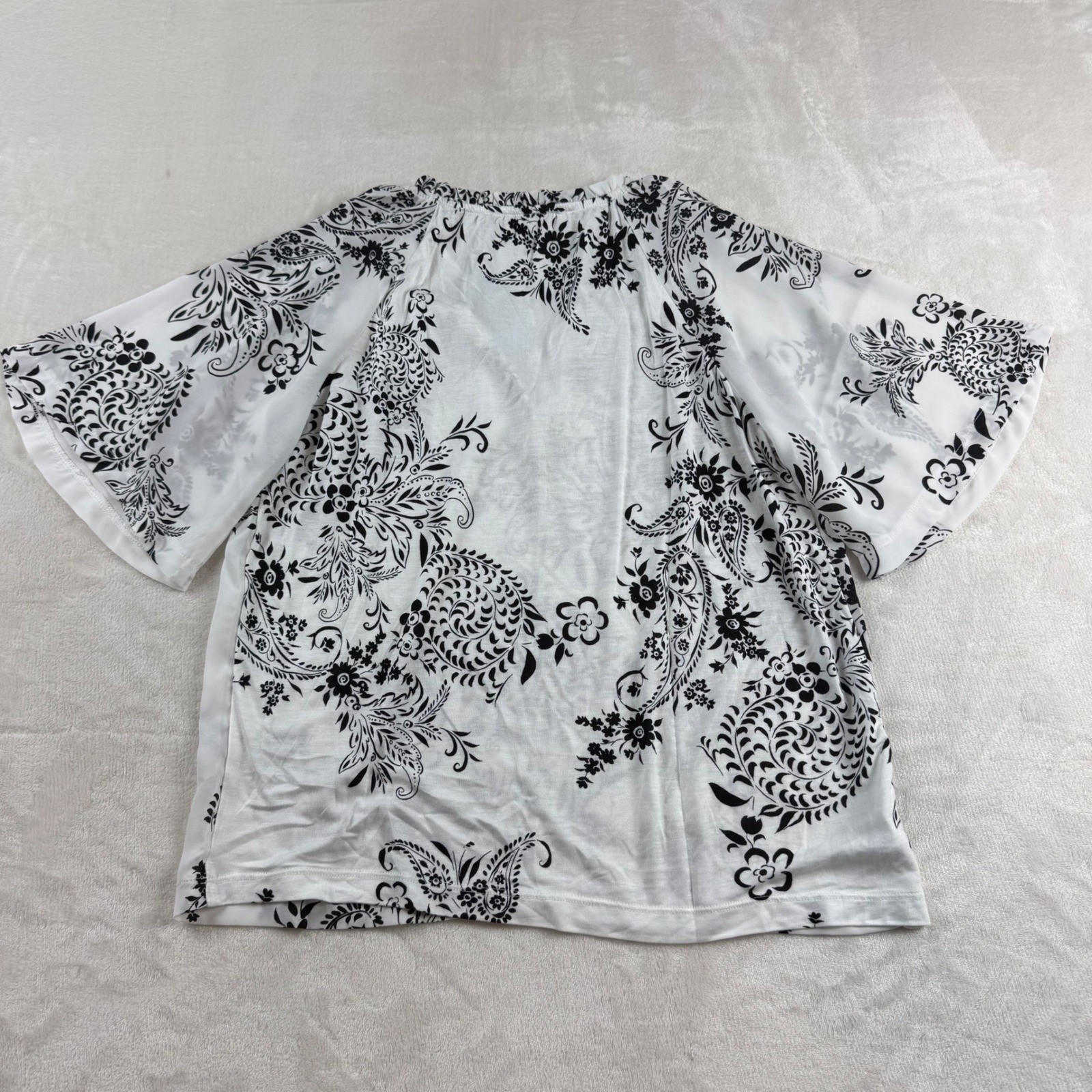 Loft Mixed Media Tie Blouse Women XXS Petite White Black Tie Neck Flutter Sleeve
