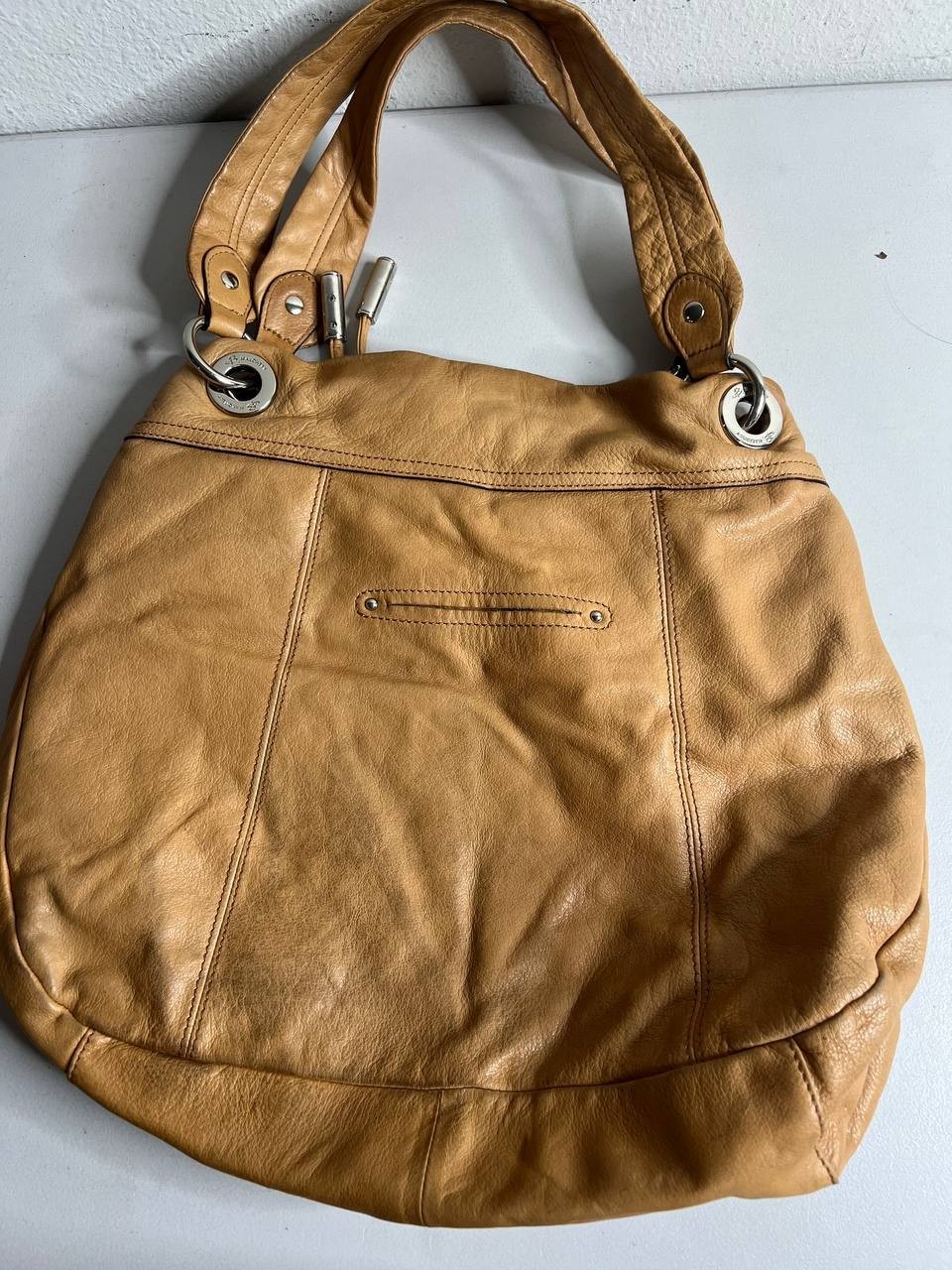 B. Makowsky Tan Leather Shoulder Bag Hobo Purse Slouchy Silver Hardware