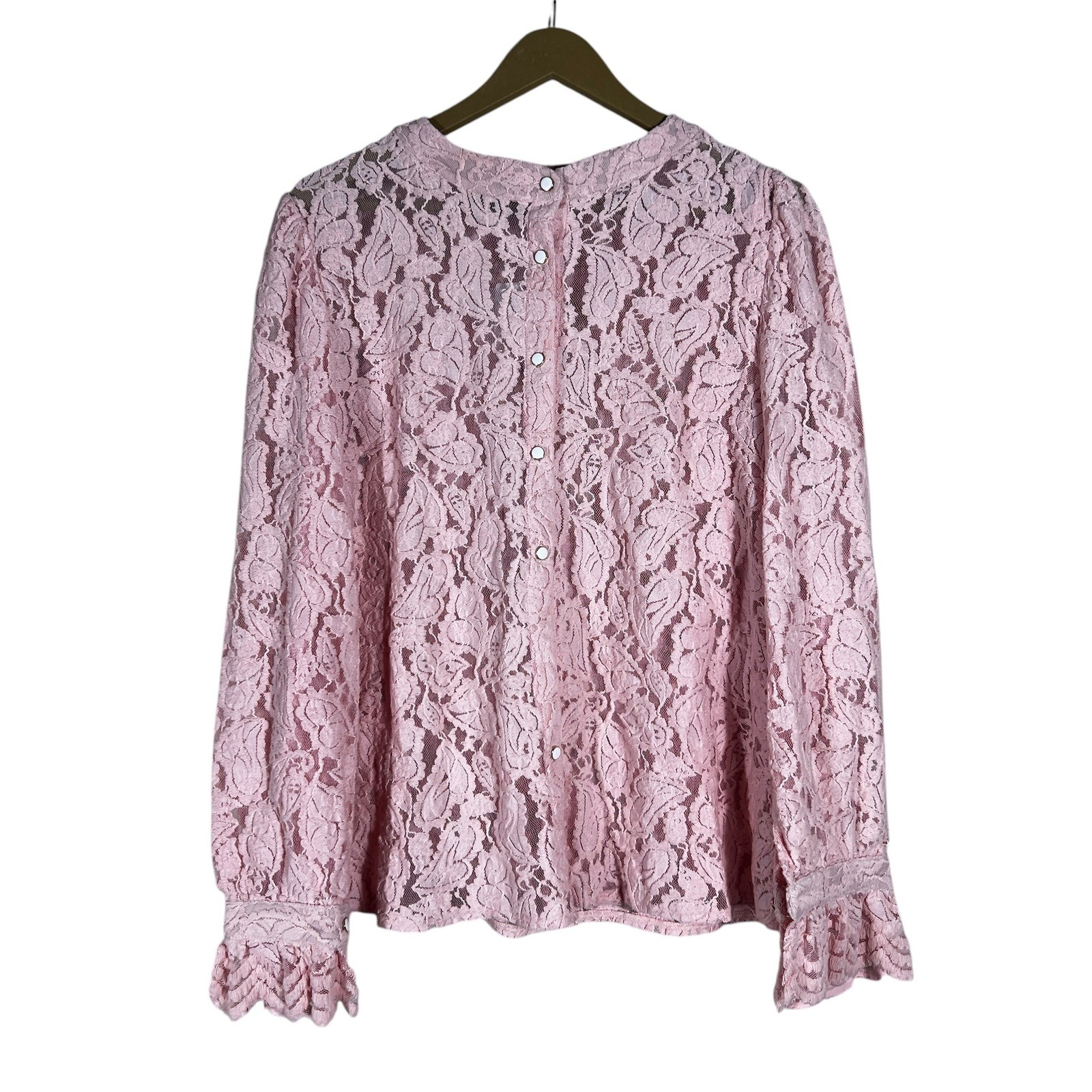 NWT PrettyGarden Floral Lace Button Front Blouse Pink Romantic Ruffle Size L