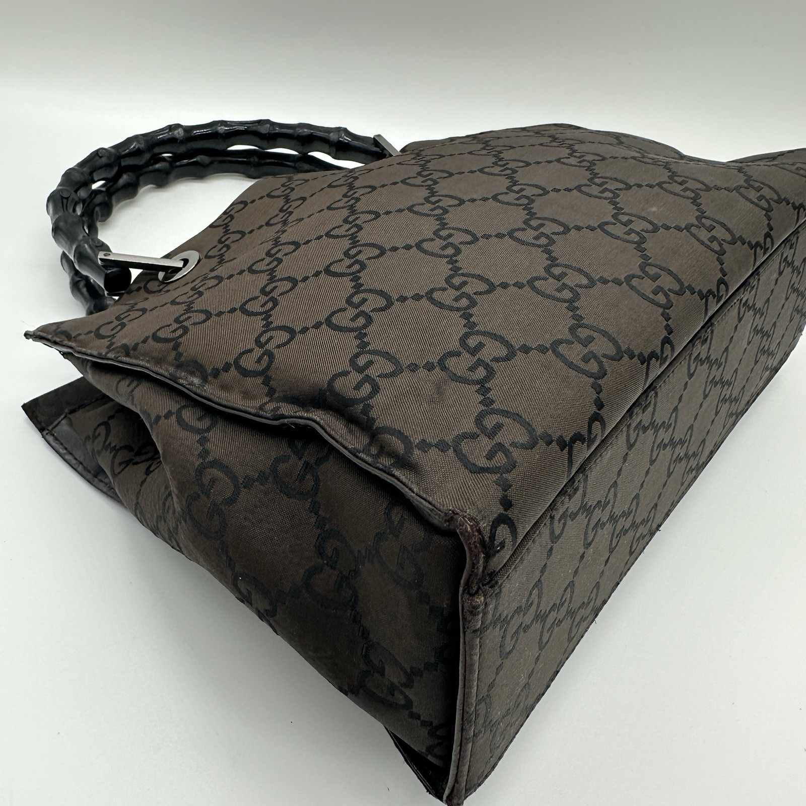 Gucci Handbag Bamboo GG Nylon Dark Brown Purse Double Handle Authentic