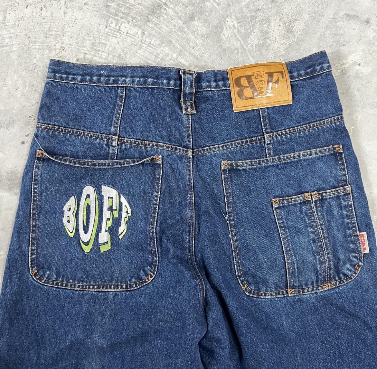 Y2K BOFF Baggy Denim Jeans Dark Wash Mens 42×49 Skate Embroidered Pocket Hip Hop