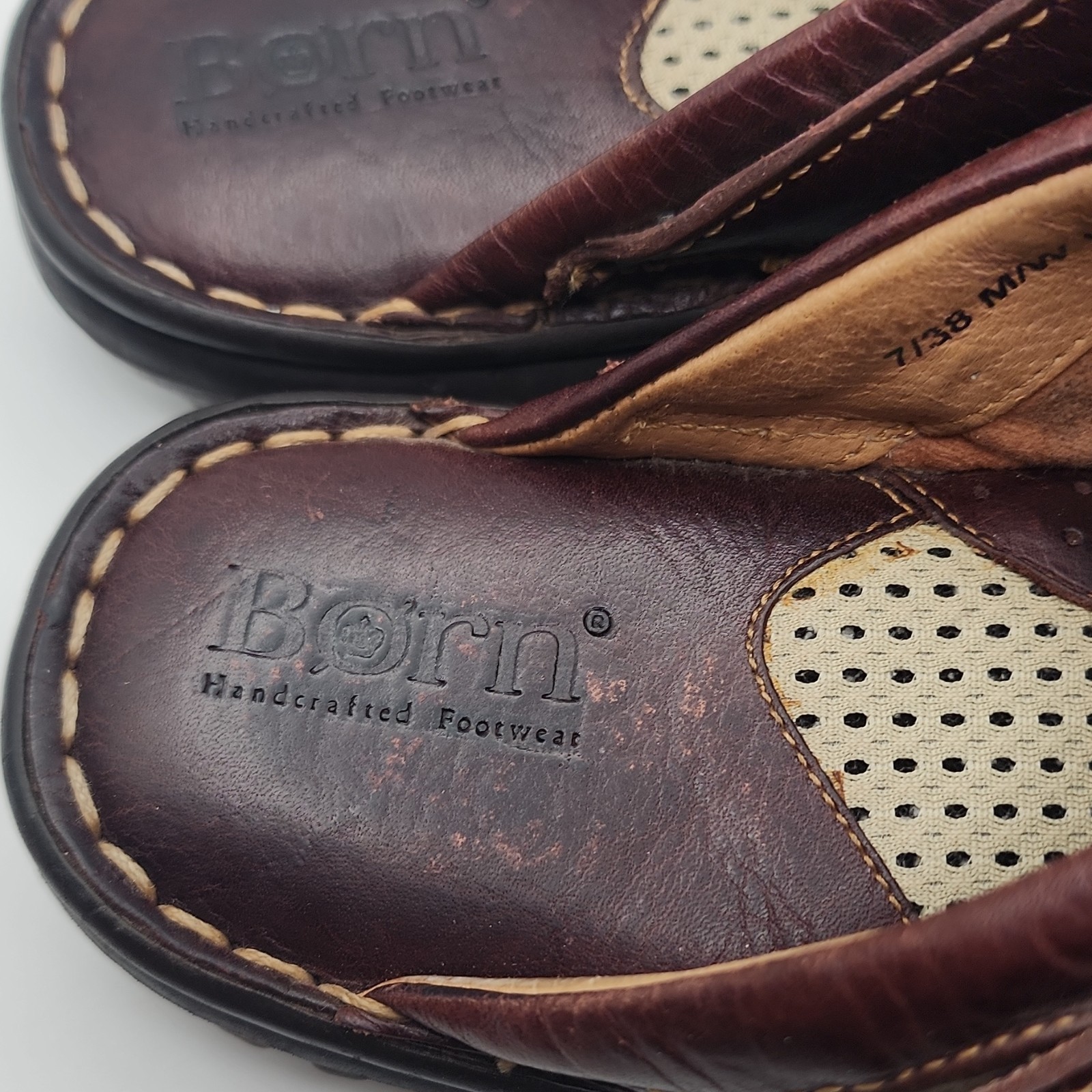 Born Womens Leather Slip-On Clog Mule Sandal w/ Buckle Strap Brown/Gray 7