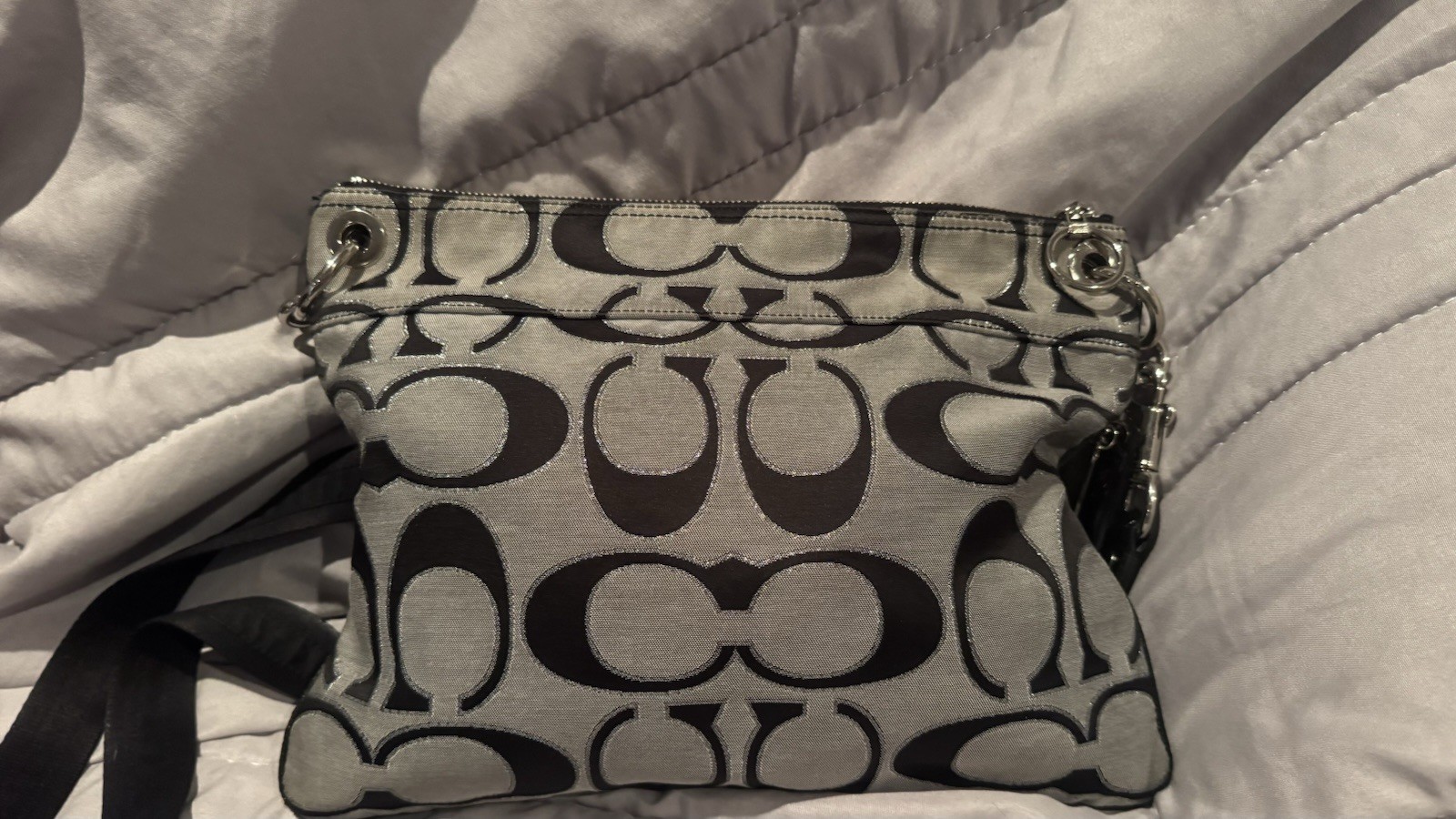 Coach Signature Logo Gray/Black Crossbody Bag Silver Hardware Purple Lining