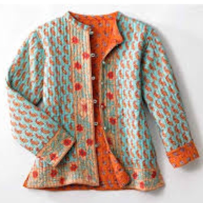 Reversible Quilted Jacket Wmns M Blue Orange Paisley Floral Boho Cottage Artisan